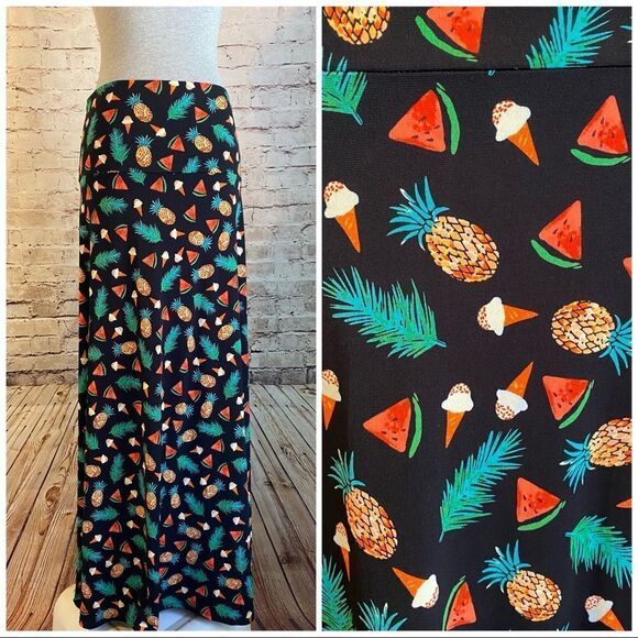 LuLaRoe Maxi Skirt Tropical Black Ice Cream Pineapple Watermelon Small - Picture 1 of 4
